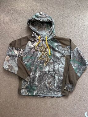 Men’s Brown Camo Browning Hoodie Size Large Yellow & Brown Logo